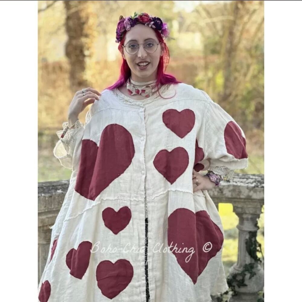 Magnolia Pearl Kimi Koat in Love ❤️ Linen Heart Appliqué Jacket, One Size, Rare - Picture 2 of 14
